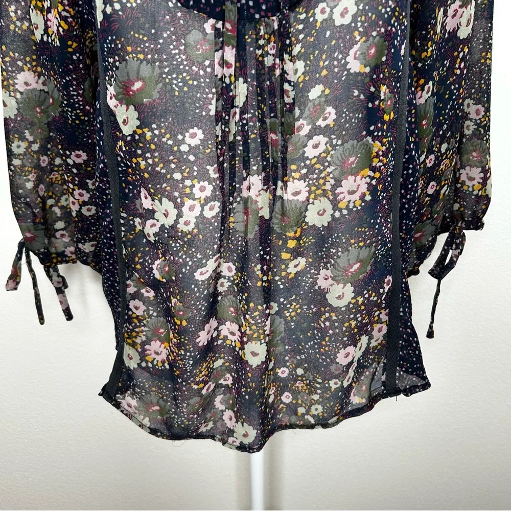 ZARA Womens Navy Blue Floral Chiffon Front Tie Top Balloon Sleeve Size XS/ S - Picture 5 of 10